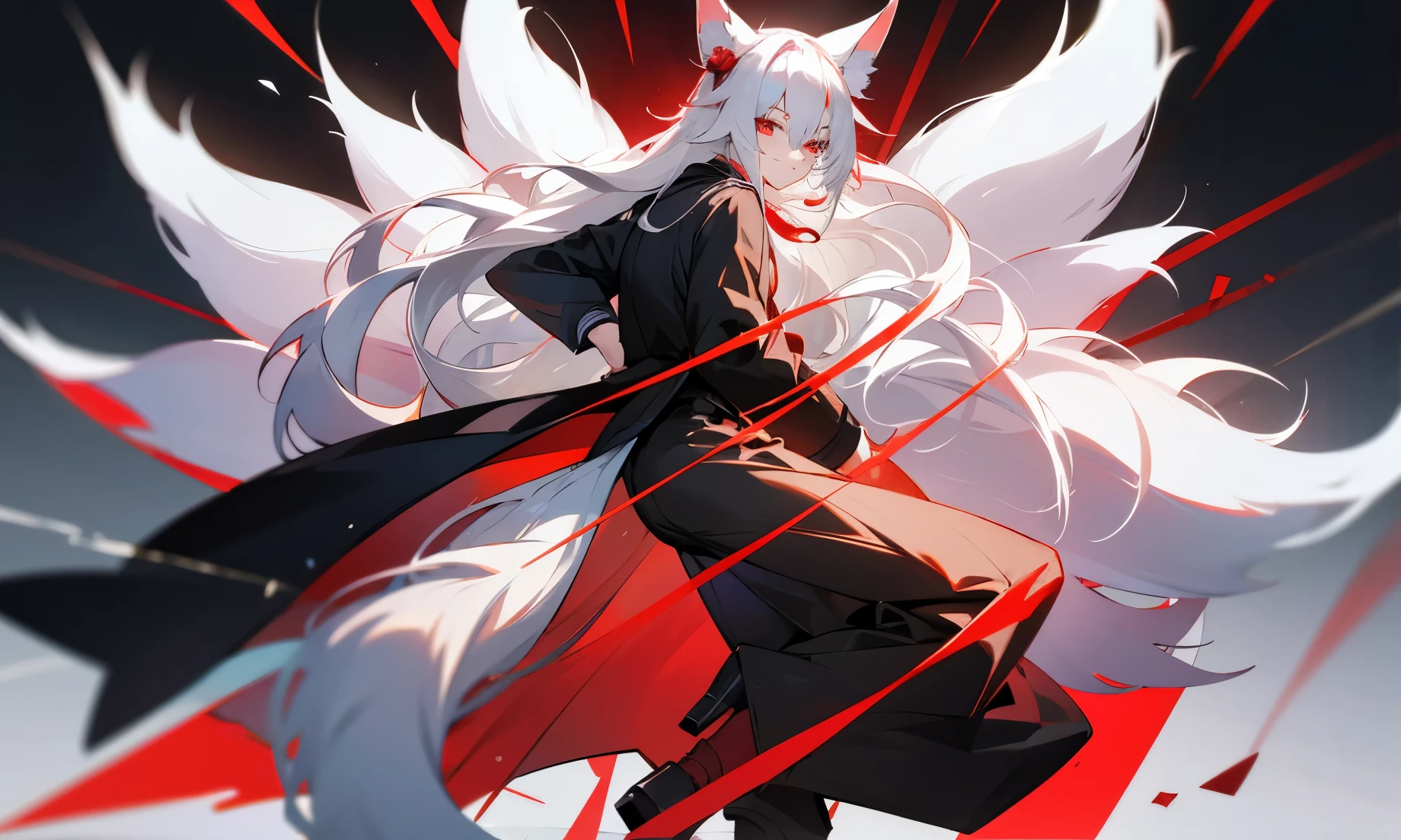 pale skin, male, long white hair, crazy bloody smile, red eyes, white kimono in blood, blade of bones from hand