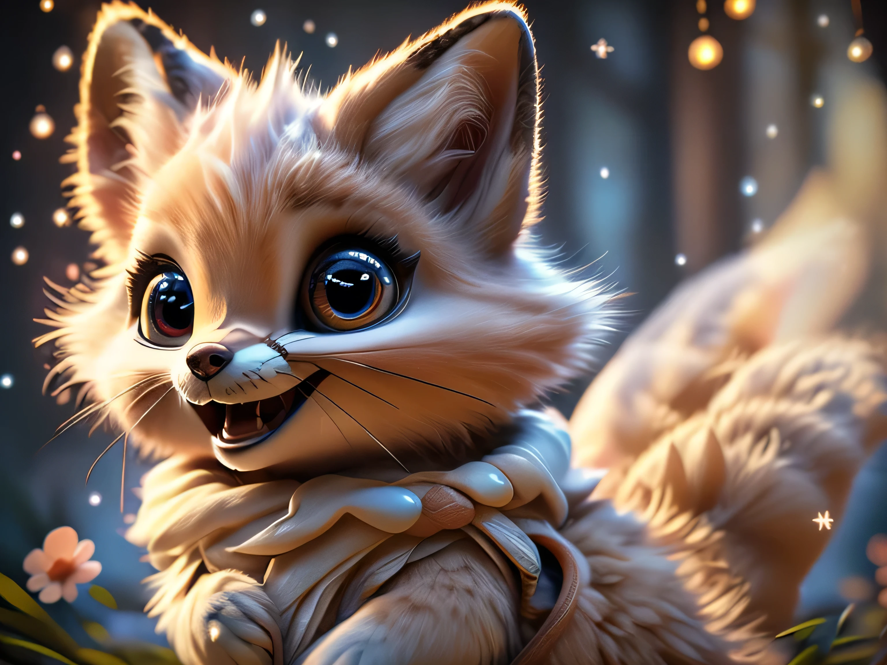 Magical Fantasy Creature, (Best Quality, Masterpiece, Representative Work, Official Art, Professional, Ultra Fine Detail, 8k:1.3), (Photorealism:1.2), Fox Spirit, Super Cute, Big Eyes, Soft, Delicate Nose, Fluffy, Two-Toothed Smile, Cute Fennec Fox Ghost, Realistic, Beautiful, Sparkling, Stars in Eyes, Star Pearl, Fox Lights, Soft Volumetric Light, (Backlight:1.3), (Cinematic:1.2), Intricate Details, (ArtStation:1.3), --auto --s2