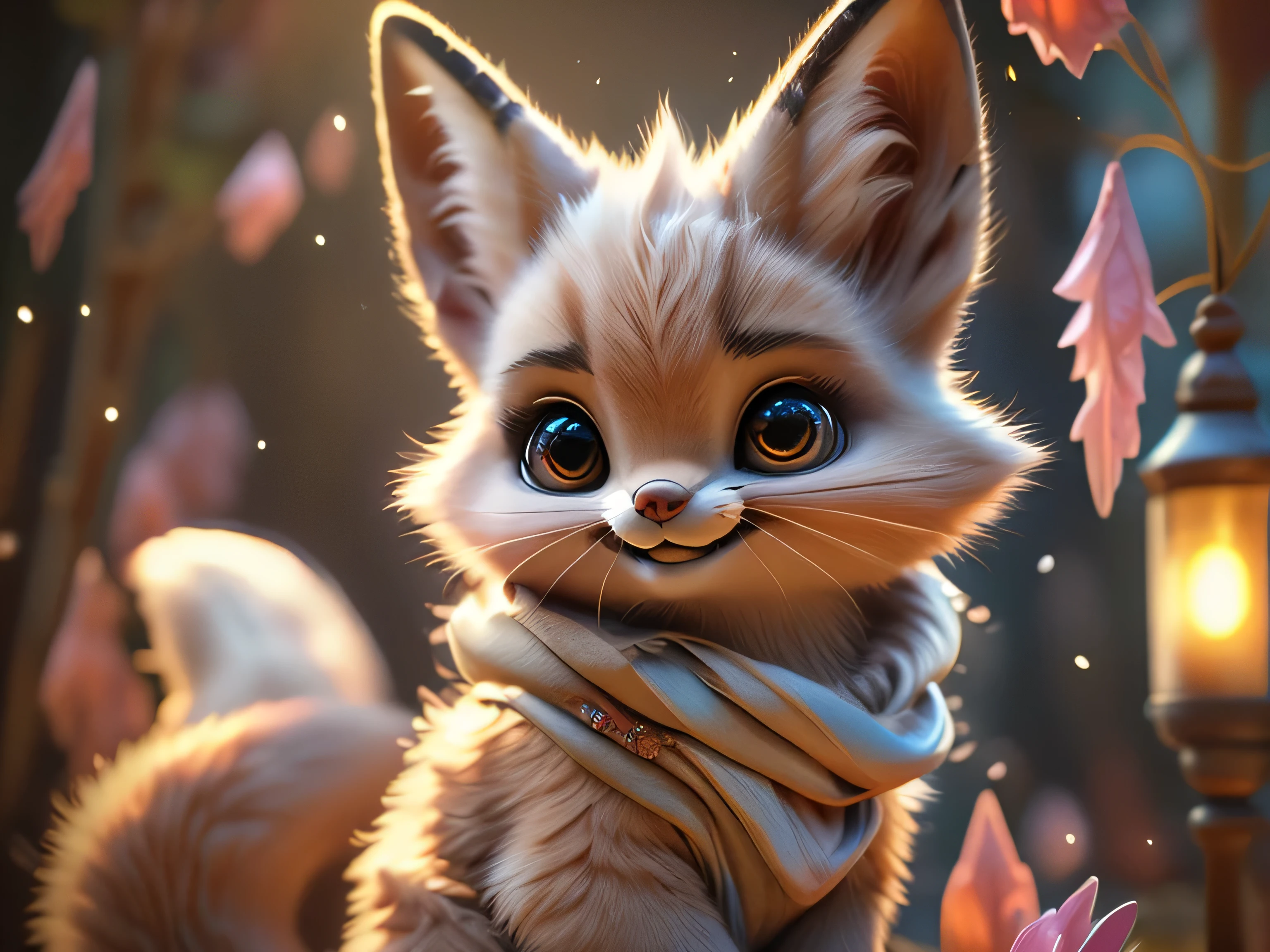 Magical Fantasy Creature, (Best Quality, Masterpiece, Representative Work, Official Art, Professional, Ultra Fine Detail, 8k:1.3), (Photorealism:1.2), Fox Spirit, Super Cute, Big Eyes, Soft, Delicate Nose, Fluffy, Two-Toothed Smile, Cute Fennec Fox Ghost, Realistic, Beautiful, Sparkling, Stars in Eyes, Star Pearl, Fox Lights, Soft Volumetric Light, (Backlight:1.3), (Cinematic:1.2), Intricate Details, (ArtStation:1.3), --auto --s2