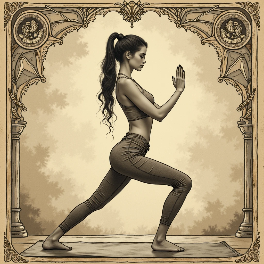 detailed, black and white drawing of a naked nude beautiful woman, she does gymnastics on a mat in the middle of a beautiful park, masterpiece