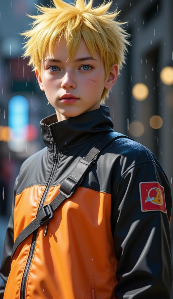 Naruto Uzumaki, age 16, portrait from chest to hips, wearing orange and black jacket with zipper, ninja tool pouch, young ninja with spiky blonde hair and whisker marks, caught in the rain, intense blue eyes, water droplets on face, dramatic bokeh background, hyperrealistic 3D render