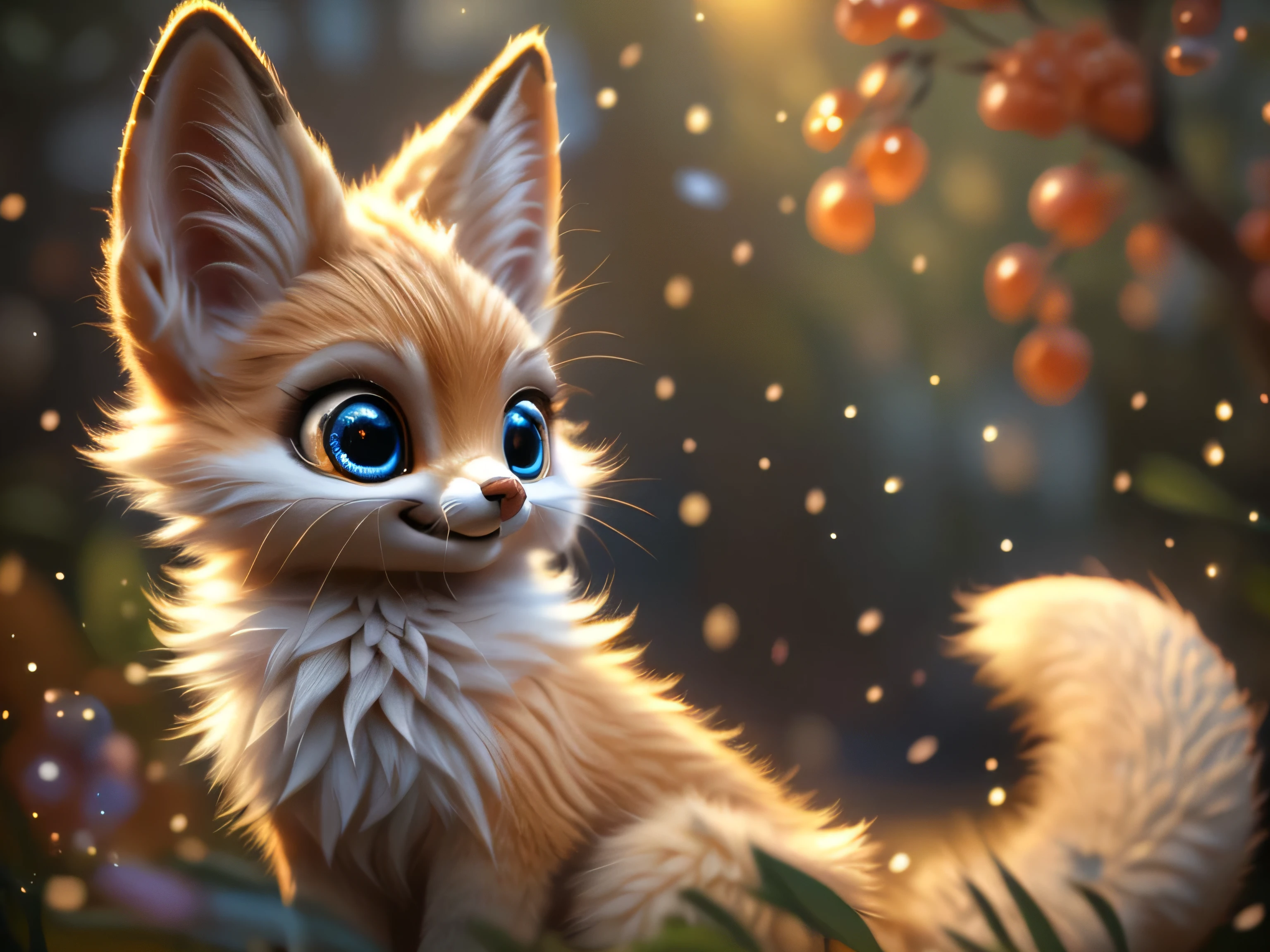 Magical Fantasy Creature, (Best Quality, Masterpiece, Representative Work, Official Art, Professional, Ultra Fine Detail, 8k:1.3), (Photorealism:1.2), Fox Spirit, Super Cute, Big Eyes, Soft, Delicate Nose, Fluffy, Two-Toothed Smile, Cute Fennec Fox Ghost, Realistic, Beautiful, Sparkling, Stars in Eyes, Star Pearl, Fox Lights, Soft Volumetric Light, (Backlight:1.3), (Cinematic:1.2), Intricate Details, (ArtStation:1.3), --auto --s2