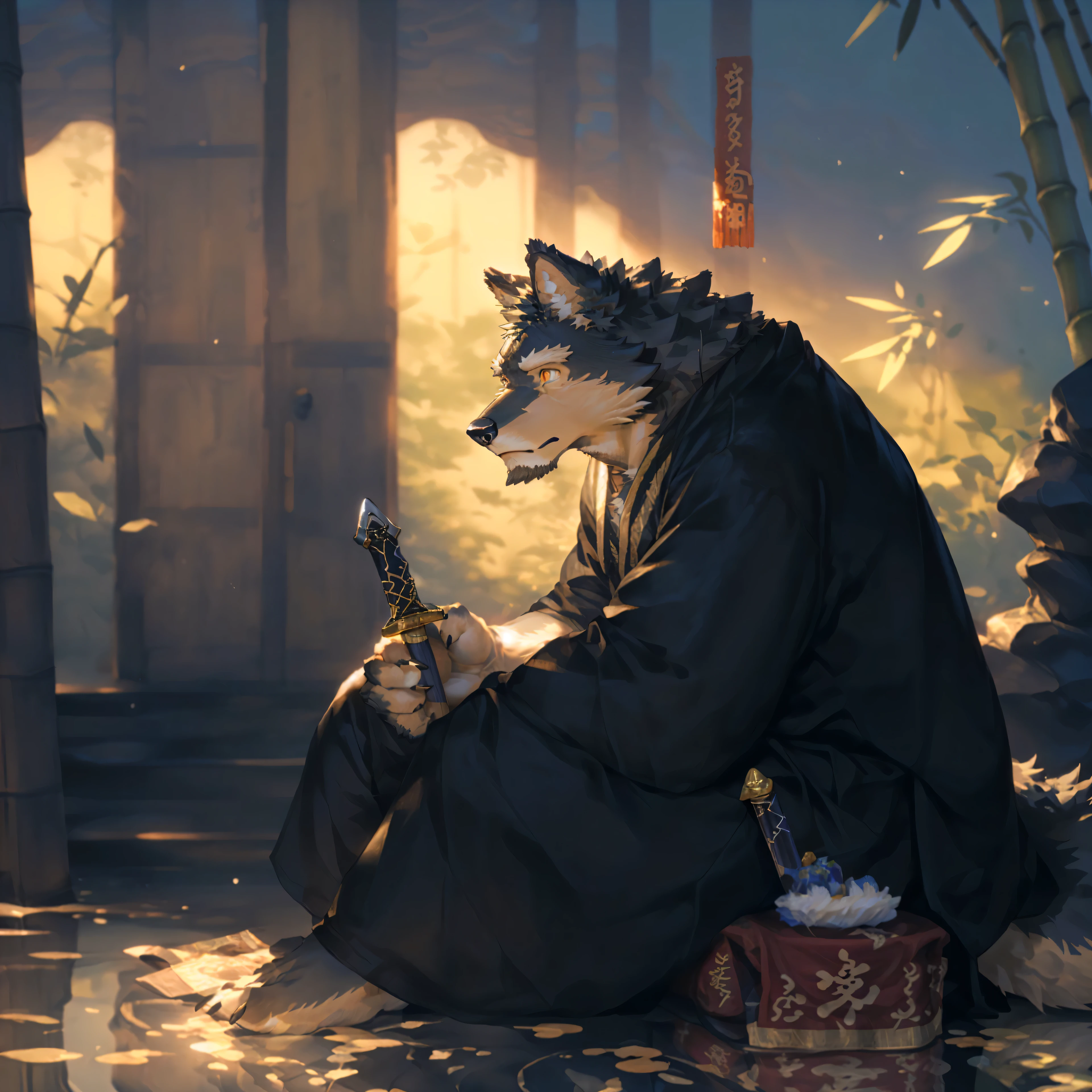 (photorealistic:1.4), 8k, (masterpiece), best quality, highest quality,
(highly detailed black fur:1.5), (detailed wolf face:1.5), (realistic amber eyes:1.5),
original, highres, unparalleled masterpiece, ultra realistic 8k, perfect artwork,
(black wolf anthro:1.6), male, mature, (calm expression:1.3),
(traditional black hanfu:1.3), (flowing dark robes:1.2),
(sitting pose:1.2), (focused gaze:1.2),
(polishing golden dagger:1.4), (dark gold blade:1.4), (weapon maintenance:1.3),
(cleaning cloth in hand:1.2), (detailed metallic reflection:1.2),
(bamboo house:1.4), (dense bamboo forest:1.4), (traditional chinese architecture:1.3),
(evening atmosphere:1.3), (peaceful scene:1.2), (soft natural lighting:1.2),
(wooden veranda:1.2), (stone path:1.2)