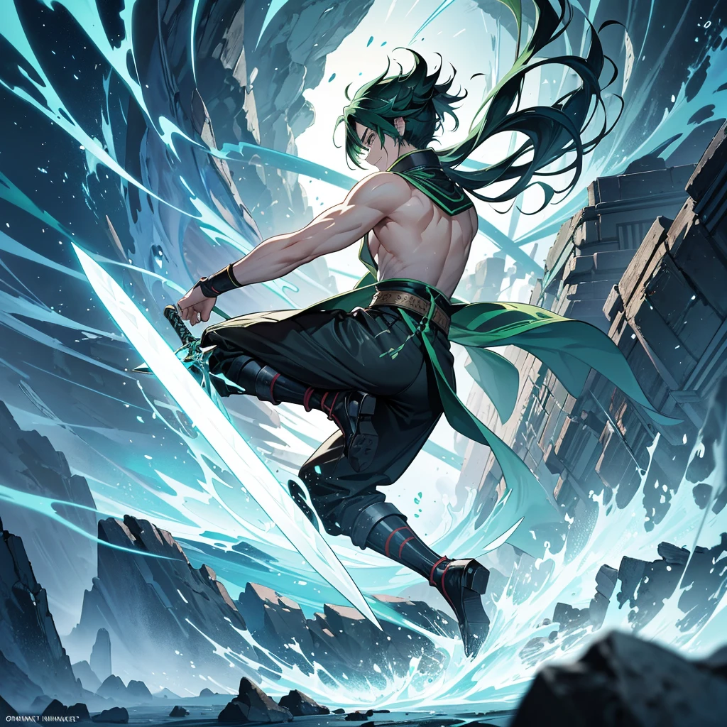 best quality (katana: 1.4), serious,(at night: 1.4), a single 16-year-old who has long black hair that is loose to the winds, and poured down his body, smooth and shiny, which fall gently to his back. Your hair is thick and has a healthy appearance, your hair is large and not stuck, contrasting with your fair skin. The young man's eyes are deep and emerald green, intense as two light pearls. They reflect calm and an inquisitive curiosity. With his upright posture, the young man shows a confident bearing and a cheerful and hyperactive aura. He is shirtless and underneath wears the underside of a white and light green kimono with blue-green accents with printed grey clouds, with a large yellow ribbon at his waist, sleeveless, made of a quality fabric. giving him the look of a swordsman. At his waist, he carries a white katana with gray details on the blade. The long, sharp blade is made of polished steel, reflecting light. The katana grip is wrapped in black leather, offering a firm and secure grip. The scabbard of the sword adorned with demonic symbols. Kimetsu no Yaiba style, alone, 1boy, a little muscular, demon slayer style, loose hair, petulant look, smiling, tall, confident, only 1, hair shed, hair loose and big, demon slayer artstyle, full body