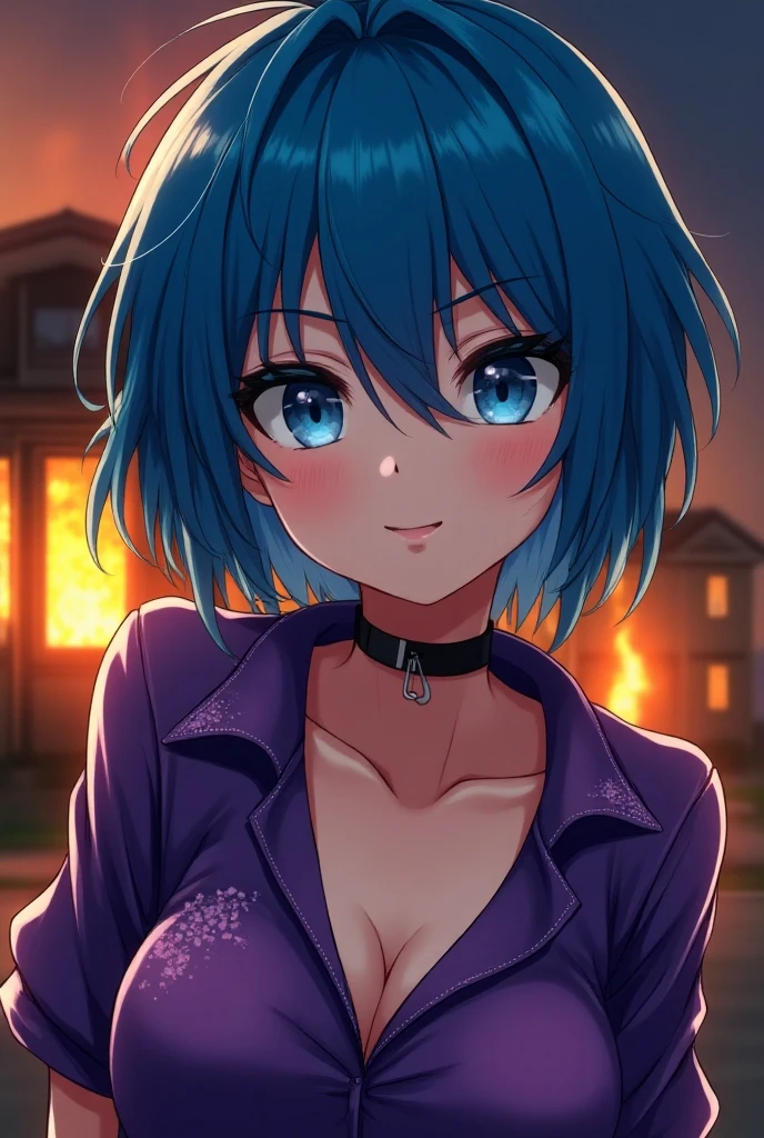 masterpiece, best quality,realistic,absurdres,1girl,looking at viewer,egirl_face, night, street, face detail, face retouch, leaning forward, massive breasts, smiling, laughing, spiky hair with wispy bangs, chains, spiky hair, spiked hair, blush, freckles, blue hair,