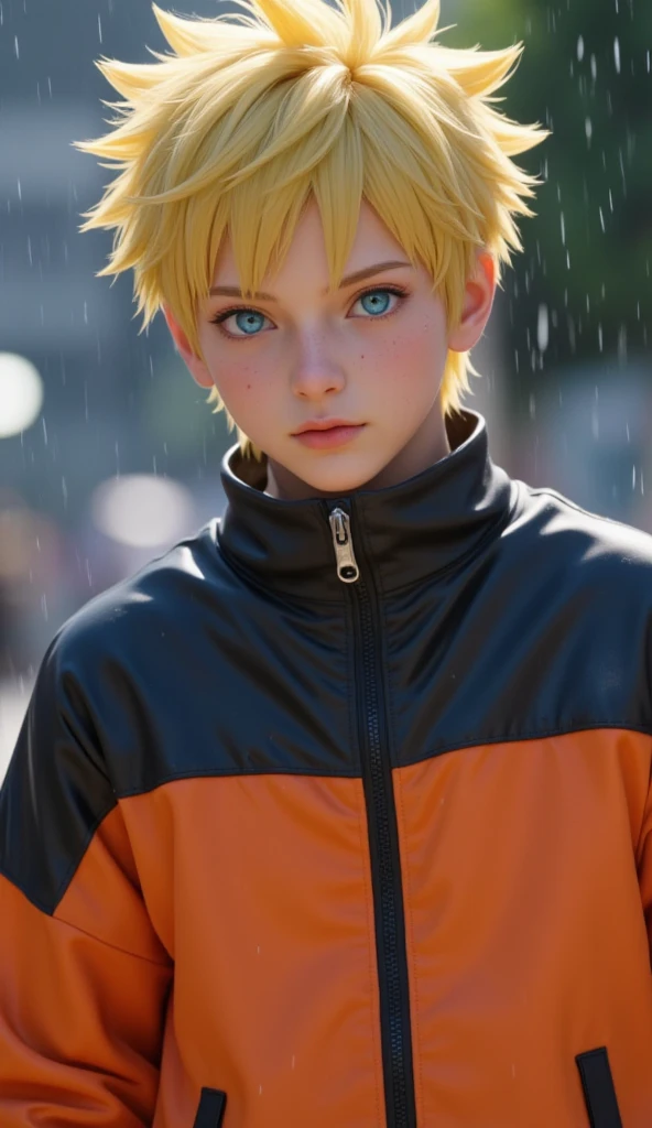 Naruto Uzumaki, age 16, portrait from chest to hips, wearing orange and black jacket with zipper, ninja tool pouch, young ninja with spiky blonde hair and whisker marks, caught in the rain, intense blue eyes, water droplets on face, dramatic bokeh background, hyperrealistic 3D render