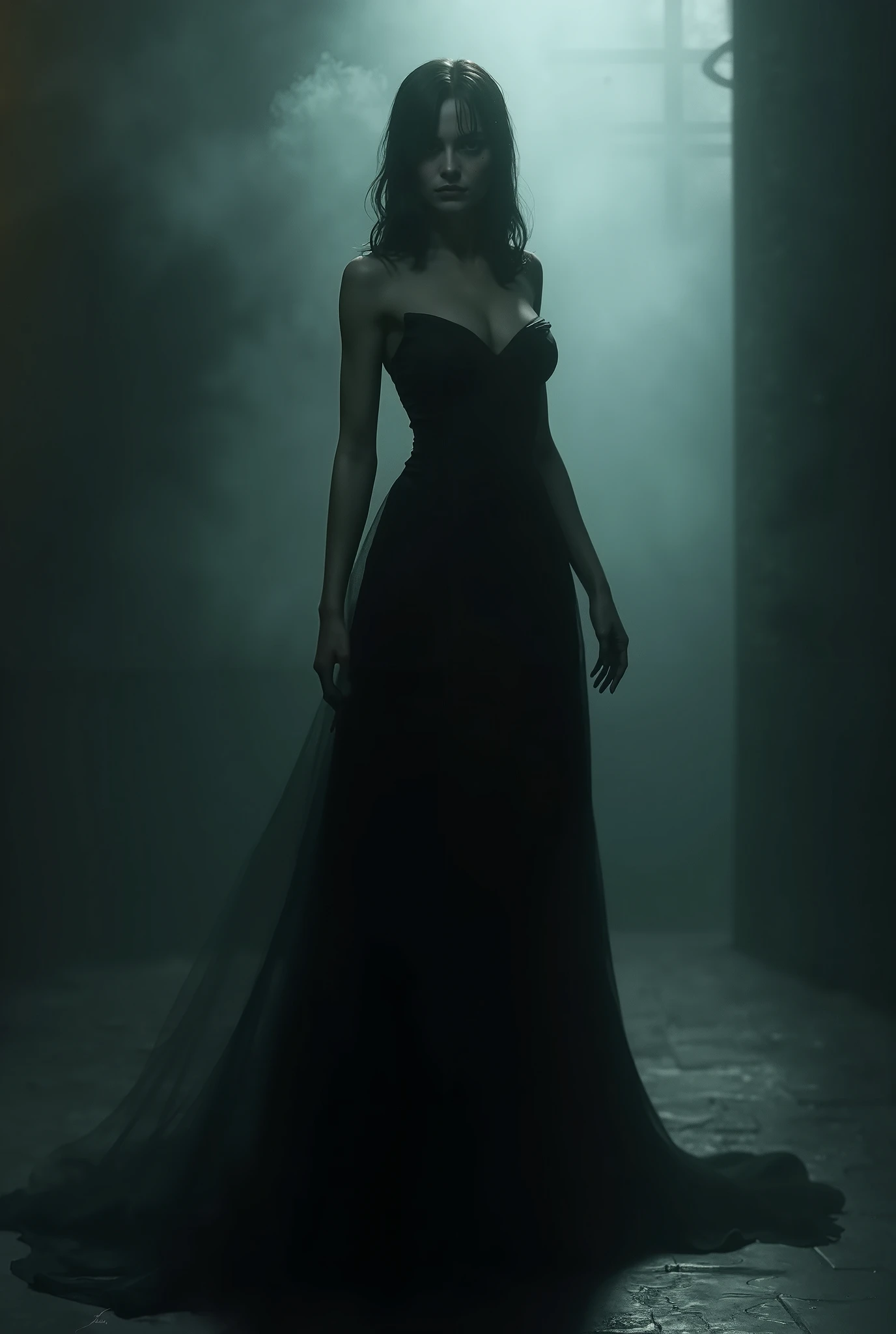 Ethereal woman with porcelain skin in a flowing black silk dress on an illuminated stage, her silhouette defined by spotlight, hypnotic green eyes that seem to glow from within, dark hair flowing like liquid shadows, red lips parted to reveal a hint of fangs, elegant and supernatural pose, 1920s ambiance, John Singer Sargent painting style