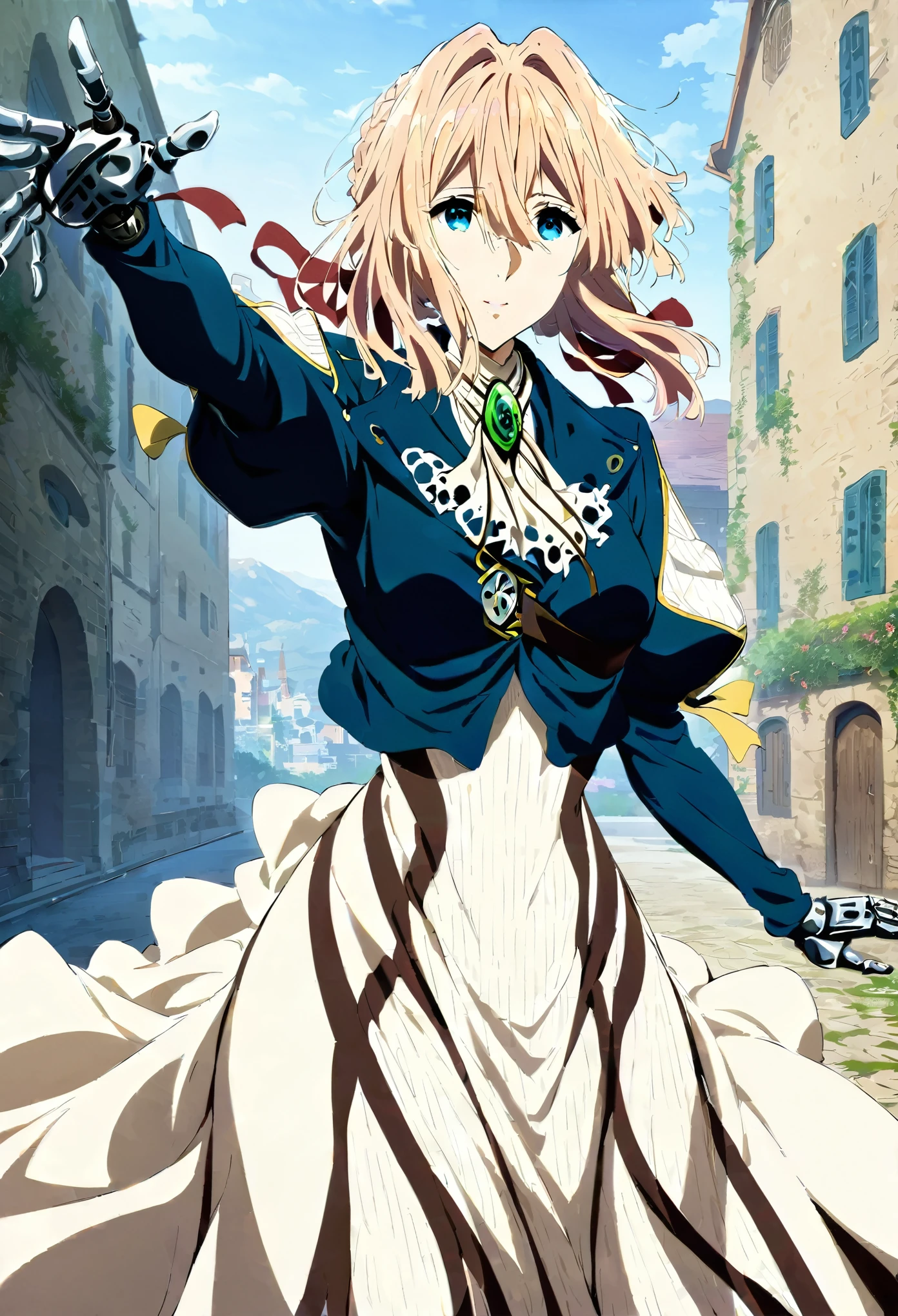 masterpiece, Best Quality,  high resolution on down,  Violet Evergarden,  braided ,  hair bow,  red ribbon,  jewellery,  white ascot , brooch,  Blue Jacket ,  long sleeve , Mechanical Hand,  white dress,  Long Dress, ( is reaching out:1.2), Arms stretched out, wind, smile,  is standing,  cowboy shot, Outdoor