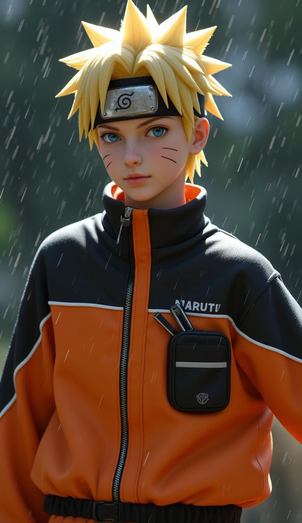 Naruto Uzumaki, age 16, portrait from chest to hips, wearing orange and black jacket with zipper, ninja tool pouch, young ninja with spiky blonde hair and whisker marks, caught in the rain, intense blue eyes, water droplets on face, dramatic bokeh background, hyperrealistic 3D render