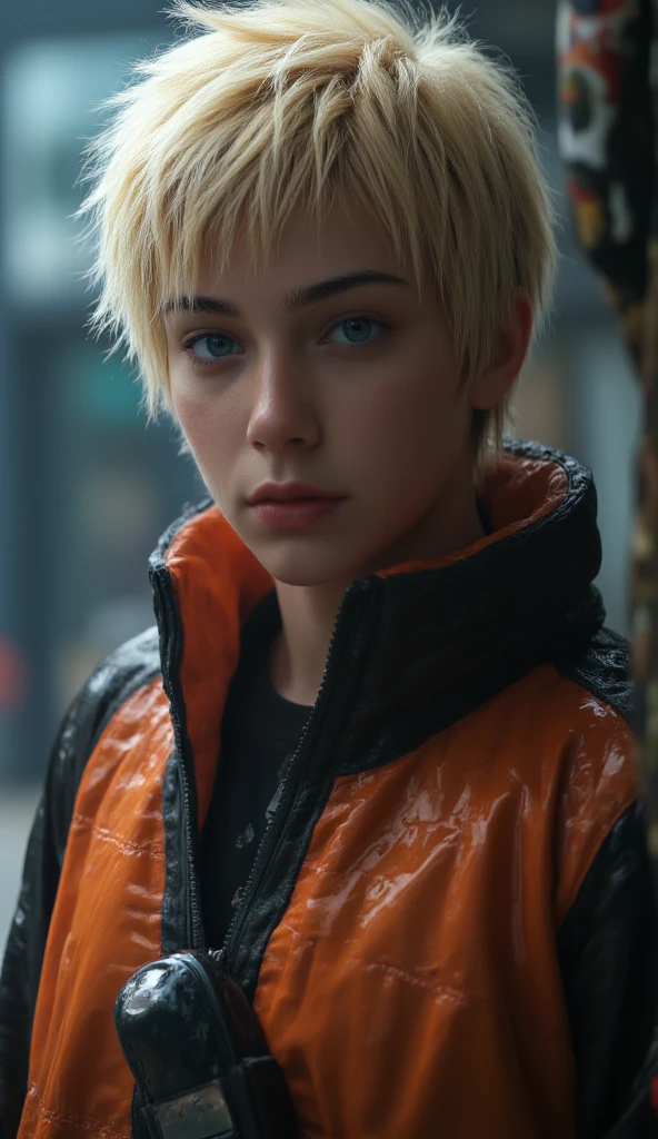 Naruto Uzumaki, age 16, portrait from chest to hips, wearing orange and black jacket with zipper, ninja tool pouch, young ninja with spiky blonde hair and whisker marks, caught in the rain, intense blue eyes, water droplets on face, dramatic bokeh background, hyperrealistic 3D render