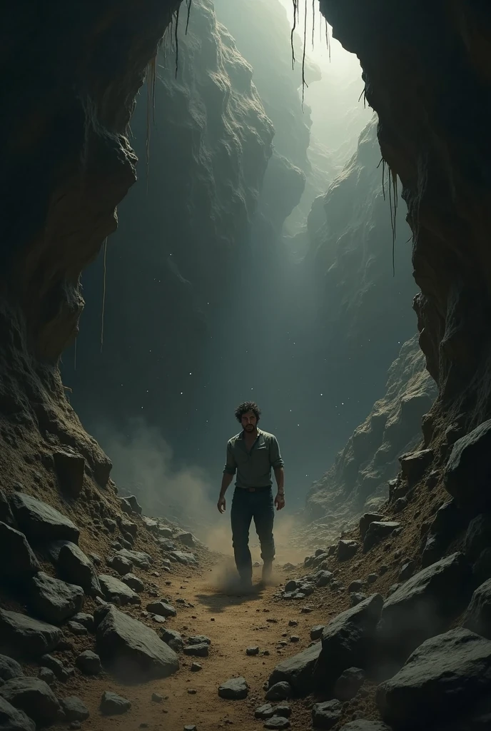 A nearly naked emancipated and defiant slave exiting a dimly lit cave, with remnants of broken and frayed chains dangling from his arms. This powerful scene is portrayed through high-quality photography, capturing the man's strength and resilience. The view of the man leaving the cave is from inside the cave, and shows him walking towards the light outside the cave, with his back to the image's point of view.
