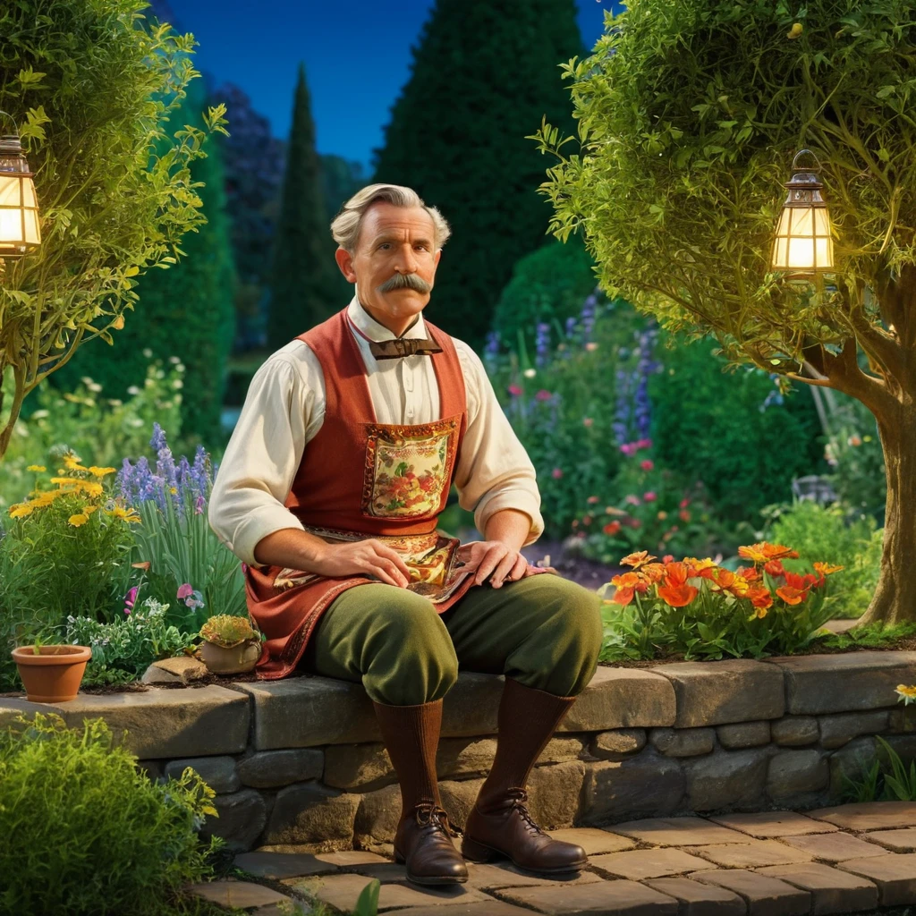 a man sitting in a garden, vest with apron, highly detailed, Zwxthejx , 1900s, animated cartoon, gorgeous lighting, illuminated