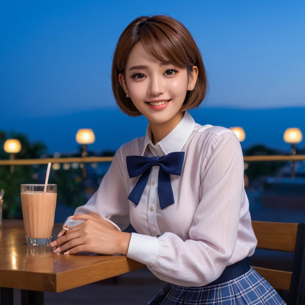 (8k, best quality, masterpiece:1.2), (sfw:1.3), (realistic, photo-realistic:1.37), ultra-detailed, 1 girl,cute, solo,beautiful detailed sky,detailed cafe,night,sitting,dating,(nose blush),(smile:1.1),(closed mouth) medium breasts,beautiful detailed eyes,(collared shirt:1.1), bowtie,pleated skirt,(short hair:1.2),floating hair