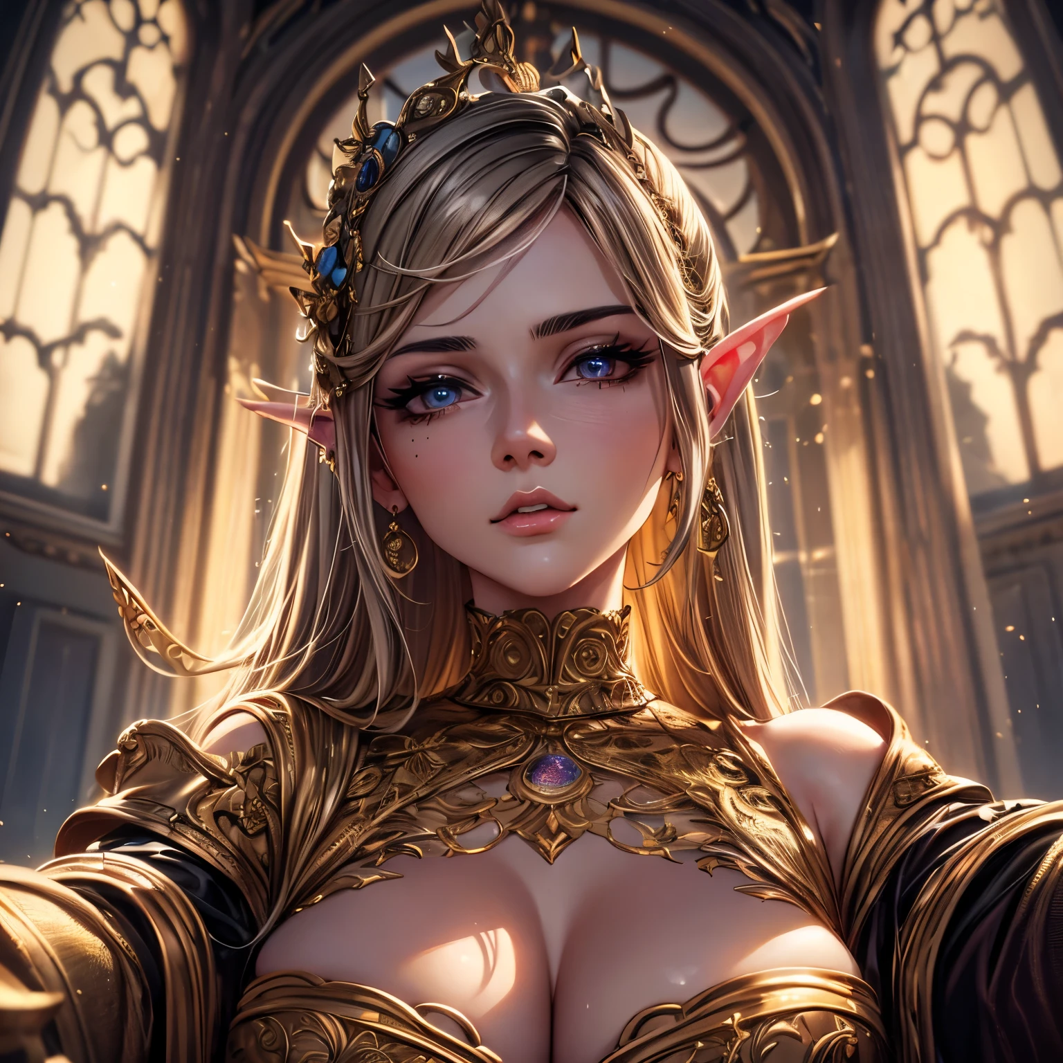 a woman in her thirties, 1girl, elf, long black hair, big breasts, long pointed ears, purple eyes!!!, serious face, sexy black toga with gold gilding, deep neckline, walk in a large library, demonic castle, very sexy body, detailed face, beautiful detailed eyes, beautiful detailed lips, extremely detailed eyes and face, long eyelashes, detailed clothing, intricate details, highly detailed, photo realistic, 8k, best quality, masterpiece, cinematic lighting, dramatic lighting, vibrant colors, fantasy, digital art, concept art