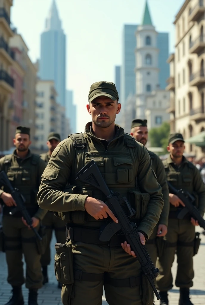 Soldados romanos modernos com rifles em uma marcha militar, parada militar