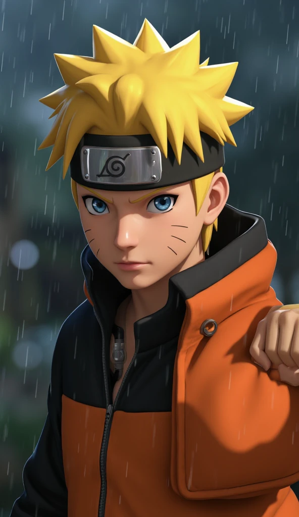 Naruto Uzumaki, age 16, portrait from chest to hips, wearing orange and black jacket with zipper, ninja tool pouch, young ninja with spiky blonde hair and whisker marks, caught in the rain, intense blue eyes, water droplets on face, dramatic bokeh background, hyperrealistic 3D render