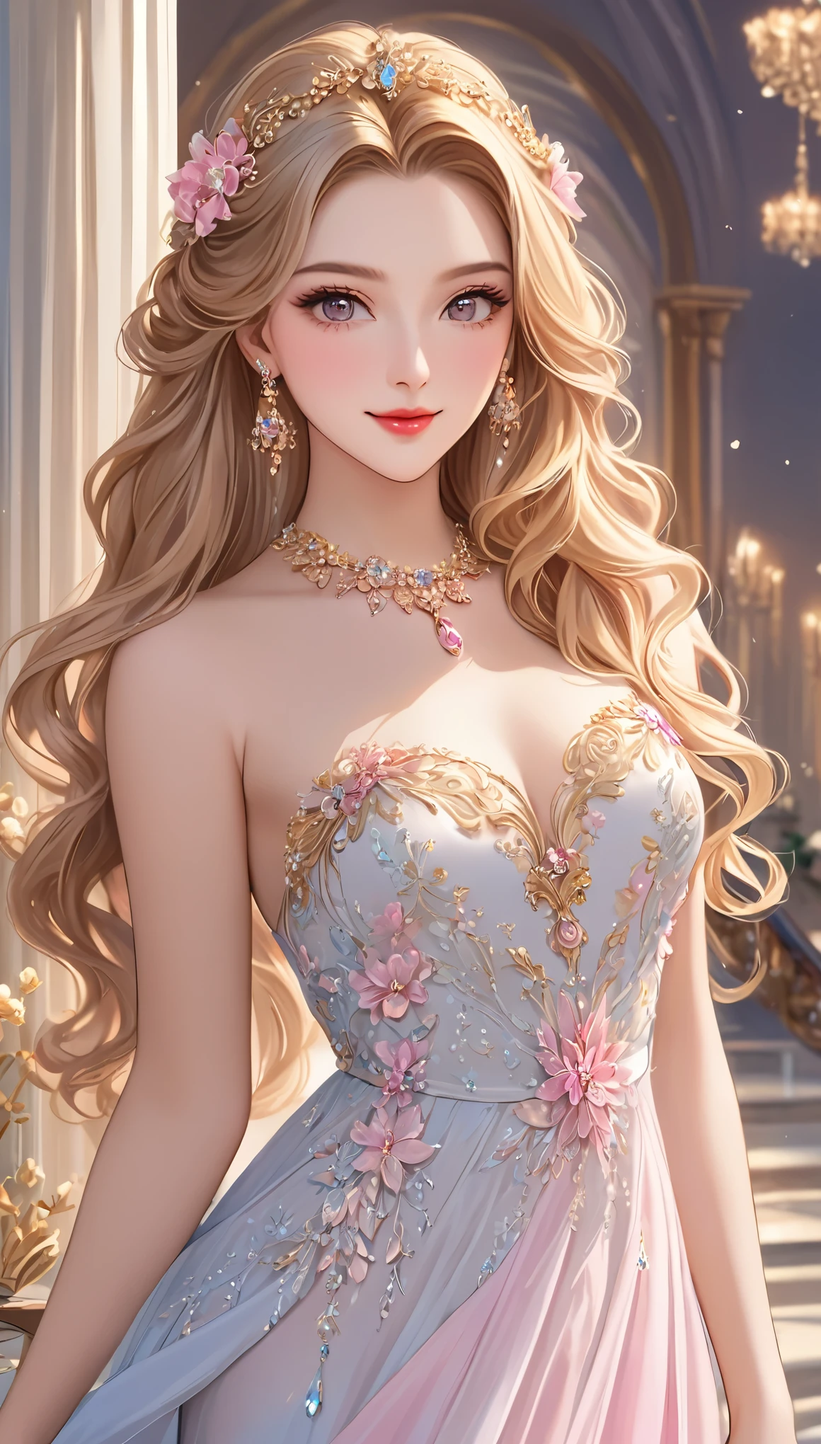 (Best Quality, masterpiece, high resolution on down, 8k), A young and beautiful single woman, Long Golden Hair, Almond Eyes , Pink Lips, beautiful well-groomed face, Anatomically beautiful and well-balanced body, jewellery, Hair Is Slightly Curled , intricate long dress, Elegant clothes, gentle smile touching your head, standing, White Soft Skin , detailed illustration art,