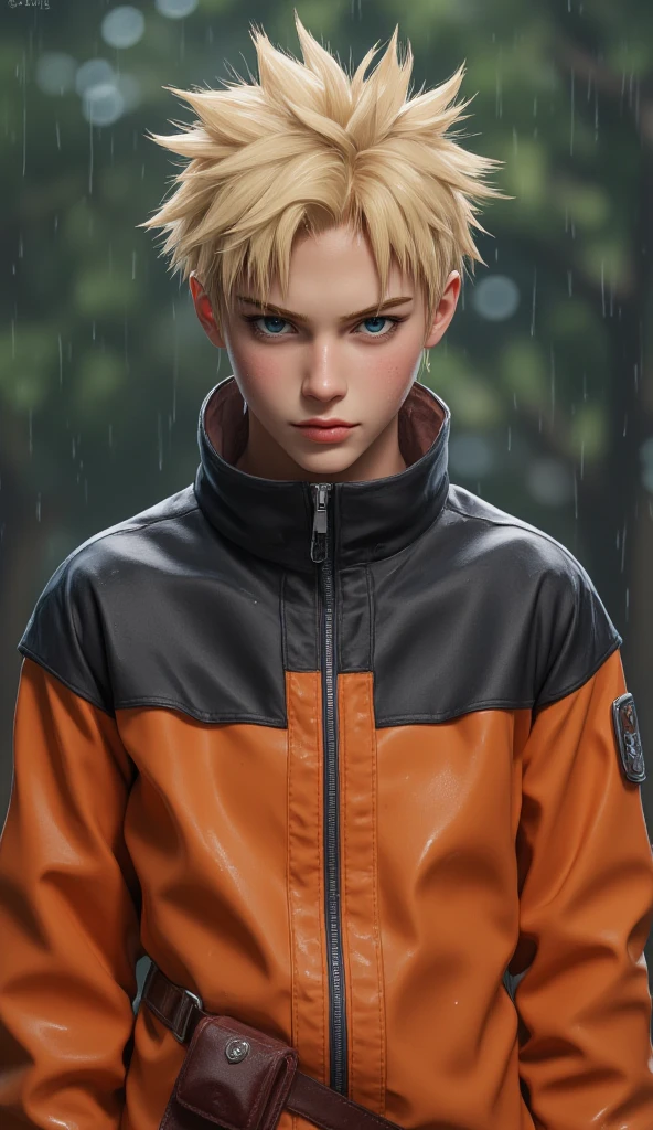 Naruto Uzumaki, age 16, portrait from chest to hips, wearing orange and black jacket with zipper, ninja tool pouch, young ninja with spiky blonde hair and whisker marks, caught in the rain, intense blue eyes, water droplets on face, dramatic bokeh background, hyperrealistic 3D render