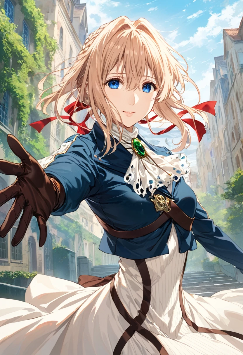 masterpiece, Best Quality,  high resolution on down,  Violet Evergarden,  braided ,  hair bow,  red ribbon,  jewellery,  white ascot , brooch,  Blue Jacket ,  long sleeve , Leather gloves, Mechanical Hand,  white dress,  Long Dress, ( is reaching out:1.2), Arms stretched out, wind, smile,  is standing,  cowboy shot, Outdoor