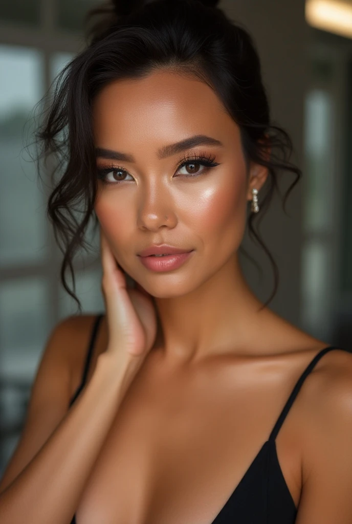Female characters 8k very diva with fair skin, brown eyes and straight shoulder length hair in black
