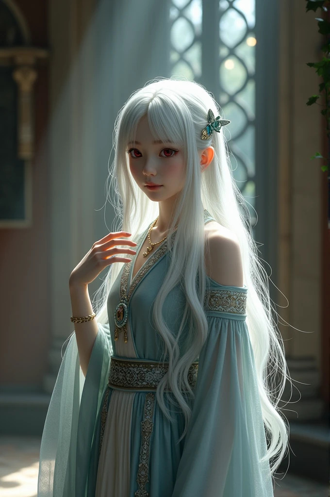 8K, Ultra High Definition, Super detailed, Shiny detailed hair, detailed face, fantasy landscape, solo, looking at viewer, {{best quality}}, {{masterpiece}}, {{ultra-detailed}}, {detailed light}, ultra high quality eyes, detailed eyes, perfect eyes, large eyes, blue eyes, white hair, long hair, beautiful, skinny body, White skin, slutty, erotic, blushing, standing in suggestive pose