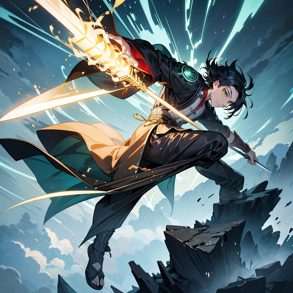 Create an epic and dynamic image featuring a swordsman inspired by the style of Kimetsu No Yaiba (Demon Slayer). The swordsman is seen from the back, leaping forward with his sword drawn, which is enveloped in bright yellow lightning bolts. The green lightning illuminates the scene, casting dramatic lighting effects on the surroundings. He is looking the view fromthe mountain. The ground beneath him shows cracks and debris rising due to his immense power. In front of him stands a giant demon shrouded in shadows. Make sure the image is anatomically correct