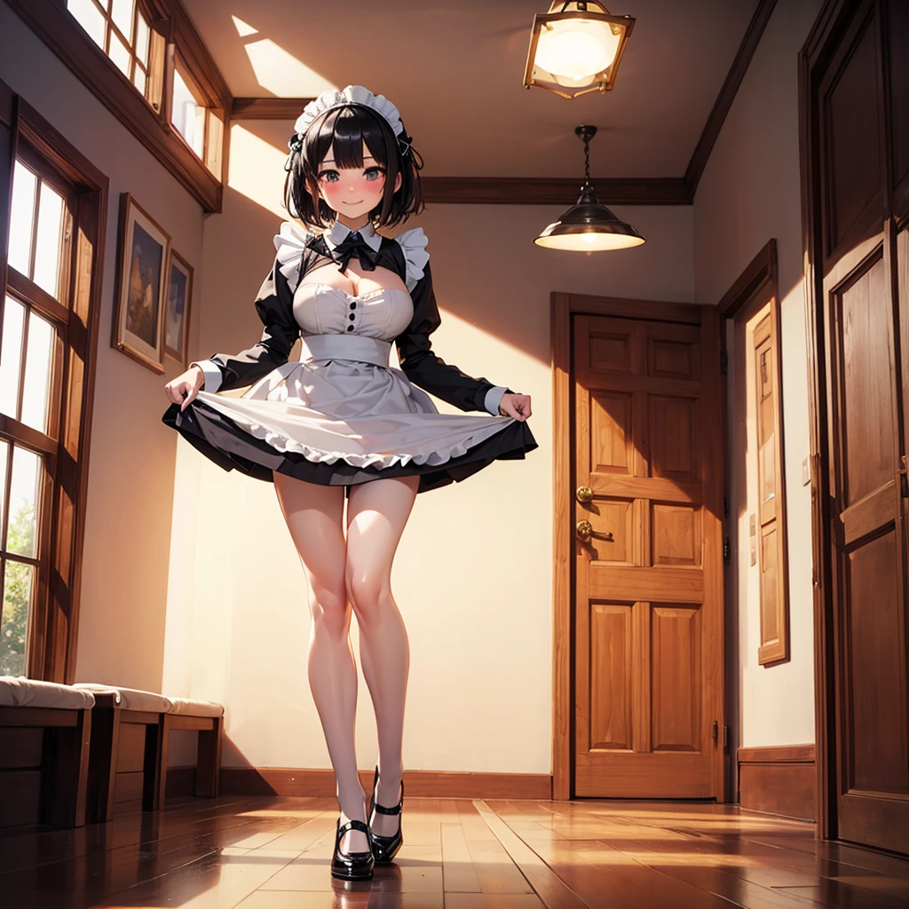 (solo), hallway in huge mansion, (1 little maid standing), (curtsey:1.3), (both hands lifting short skirt upward), BREAK, (very short maid dress:1.3), (too short skirt:1.5), thigh gap, BREAK, very short torso, narrow skinny waist, (long skinny legs), (bursting large breasts), BREAK, nose blush, smile for viewer, (show off white panty)