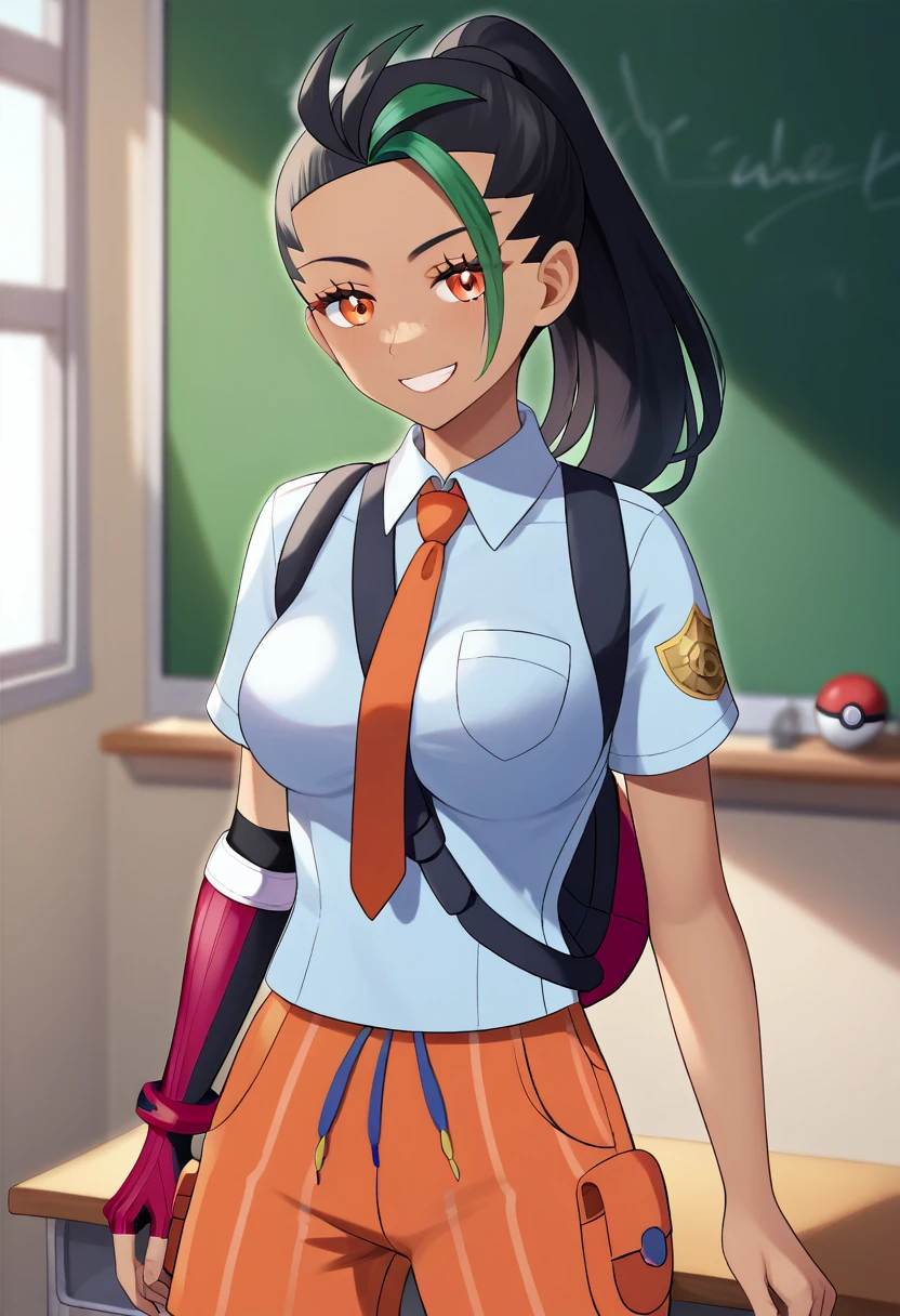 (Masterpiece, Ultra-high resolution, 8k, High Quality, Top quality, High-Detailed, Detailed CG, Cinematic Shadow:0.5, Beautiful Detailed Eyes, Ultra Resolution, Depth of Field, High Resolution, Masterpiece: 1.2), (Anime Art style), (cowboy shot), (classroom:1.4), 1girl, solo, Nemona \(Pokemon\), black hair, green hair, orange eyes, dark skin, multicolored hair, two-tone hair, hair pulled back, collared shirt, fingerless gloves, orange shorts, orange tie, backpack, beautiful breasts, smile, 