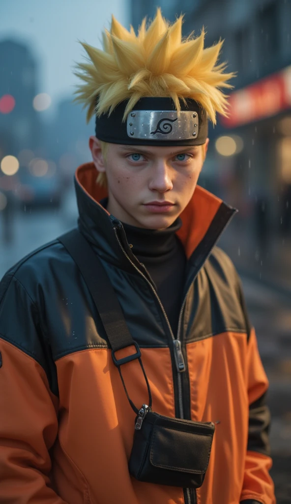 Naruto Uzumaki, age 16, portrait from chest to hips, wearing orange and black jacket with zipper, ninja tool pouch, young ninja with spiky blonde hair and whisker marks, caught in the rain, intense blue eyes, water droplets on face, dramatic bokeh background, hyperrealistic 3D render