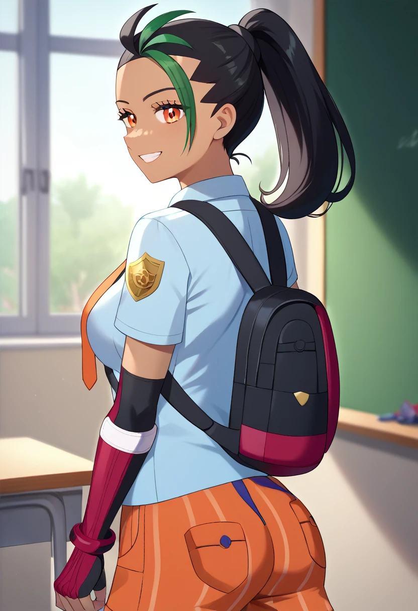 (Masterpiece, Ultra-high resolution, 8k, High Quality, Top quality, High-Detailed, Detailed CG, Cinematic Shadow:0.5, Beautiful Detailed Eyes, Ultra Resolution, Depth of Field, High Resolution, Masterpiece: 1.2), (Anime Art style), (cowboy shot), (classroom:1.4), 1girl, solo, Nemona \(Pokemon\), black hair, green hair, orange eyes, dark skin, multicolored hair, two-tone hair, hair pulled back, collared shirt, fingerless gloves, orange shorts, orange tie, backpack, beautiful breasts, smile, looking back,