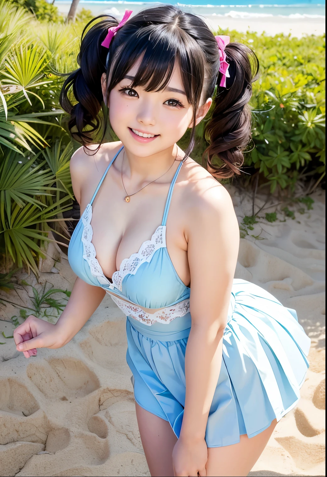 (Highest quality,masterpiece:1.3,Ultra-high resolution),(Very detailed、Caustics) (Realistic:1.4, RAW shooting、)Ultra-Realistic Capture、Very detailed、Natural skin texture、masterpiece、(A Japanese elementary school girl wearing a sheer purple nightdress with glitter:1.3)、Adorable expression、Expressions of happiness、10 years old、height: 140cm、Baby Face、Pure girl、Amazingly cute、Twin tail hairstyle、Curly Hair、ribbon、Black Hair、Large Breasts、Shining thighs、Shining ass、necklace、Photographed on a merry-go-round at an amusement park、Background details、smile、An inviting gaze、(Anatomically correct)、Cowboy Shot、Attention to detail、