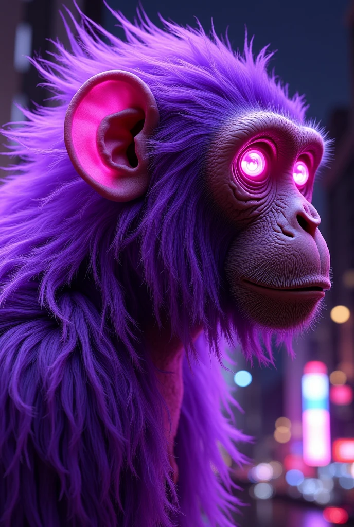 cyborg purple monkey flamant rose glow in cyberpunk city in night hybride by Jean Baptiste Monge, Alberto Seveso, Jeremy Mann; maximalist, highly detailed, Intricate, concept art, splash art, natural lighting, deep complementary colors", Digital Illustration, Extreme Detail, Digital Art, 4k, Ultra Hd, outer space, vanishing point, super highway, high speed, digital render, digital painting, beeple, noah bradley, cyril roland, ross tran, trending on artstation