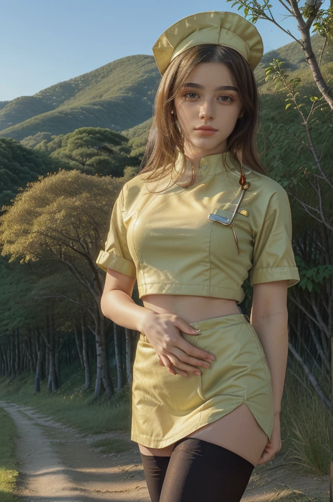 1 girl, best quality, ((Miyo)), tarankaaa, perfect face, beautiful smile, 30 years old, ((nurse attire, nurse cap, thighhighs, gold blonde hair)), ((nurse uniform covering abdomen, formal nurse uniform)), ((perfectly drawn hands)), perfect body, bare tree, bush, forest, grass, nature, outdoors, plant, scenery, solo, standing, tree, 32k photograph, ((perfect eyes, detailed eyes,realistic eyes)), ((sharp face, detailed face, realistic face, natural skin, realistic skin, detailed skin, pores)), full body, tone mapping, asian-european, ((masterpiece)), ((highres)), ((detailed background)), japanese village background, midday, big proportions, (abdomen is covered)