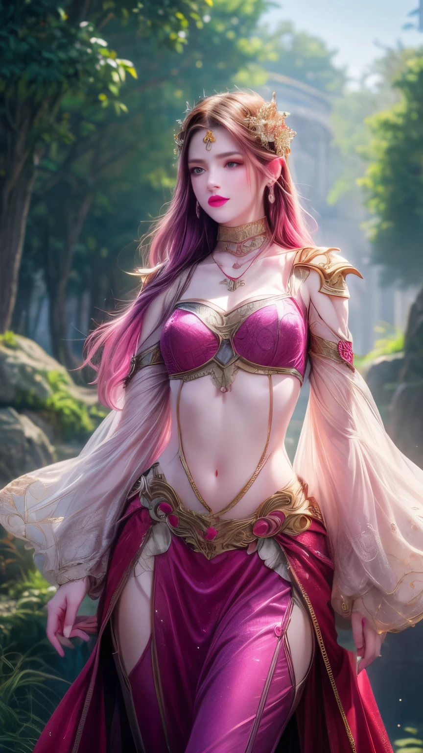 (masterpiece), (extremely intricate:1.3), (realistic), portrait of a girl, <lora:ElderwoodAhri:1>, ElderwoodAhri, long hair, pink hair, cleavage, midriff, navel, short skirts, whisker markings, in a forest, grass, trees