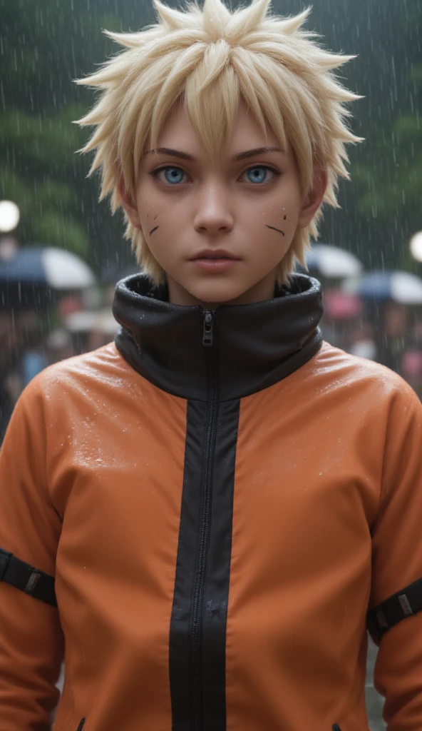 Naruto Uzumaki, age 16, portrait from chest to hips, wearing orange and black jacket with zipper, ninja tool pouch, young ninja with spiky blonde hair and whisker marks, caught in the rain, intense blue eyes, water droplets on face, dramatic bokeh background, hyperrealistic 3D render