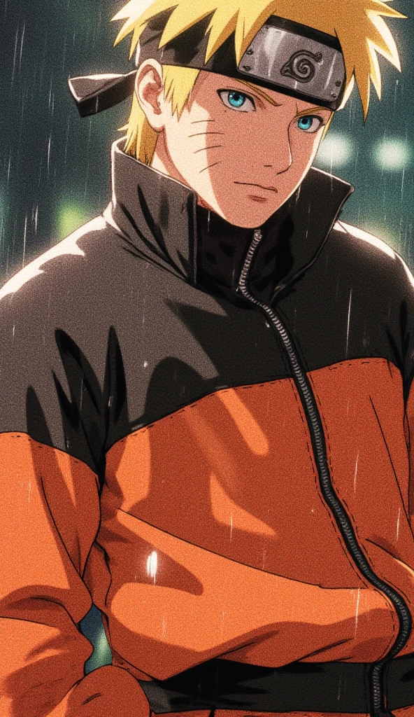 Naruto Uzumaki, age 16, portrait from chest to hips, wearing orange and black jacket with zipper, ninja tool pouch, young ninja with spiky blonde hair and whisker marks, caught in the rain, intense blue eyes, water droplets on face, dramatic bokeh background, hyperrealistic 3D render