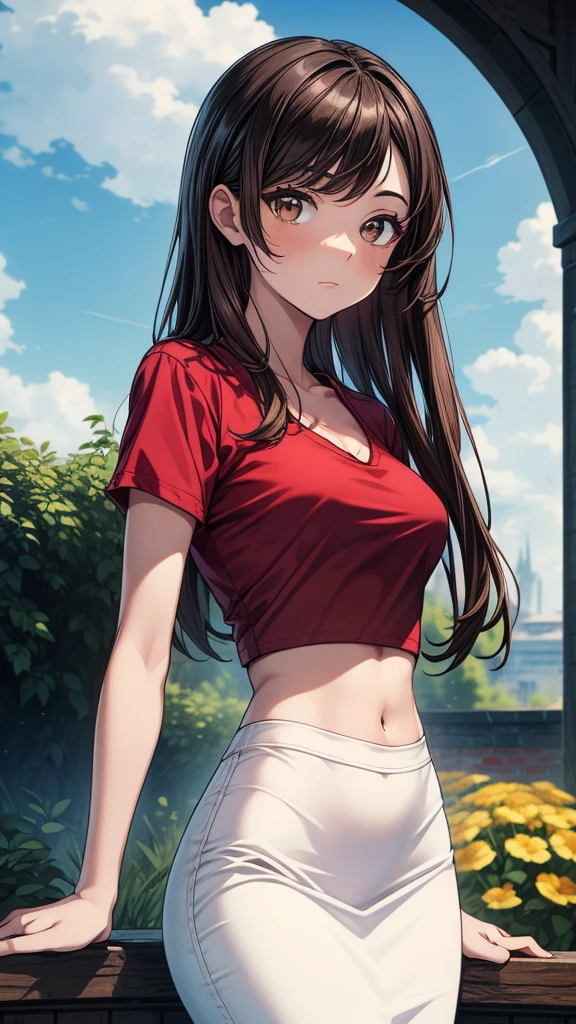 masterpiece, best quality, high detail, beautiful woman, wavy hair, dark brown hair, large bust, red t-shirt, loose t-shirt, long black pencil skirt, upper body, sneakers, looking at viewer, light smile, garden, stone wall, backyard, evening, summer night, 
