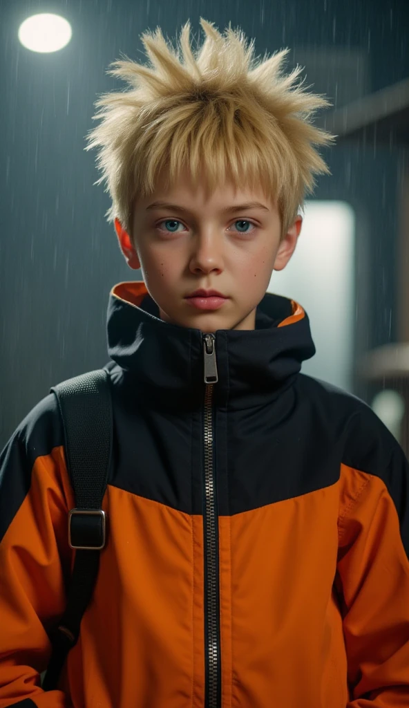 Naruto Uzumaki, age 16, portrait from chest to hips, wearing orange and black jacket with zipper, ninja tool pouch, young ninja with spiky blonde hair and whisker marks, caught in the rain, intense blue eyes, water droplets on face, dramatic bokeh background, hyperrealistic 3D render