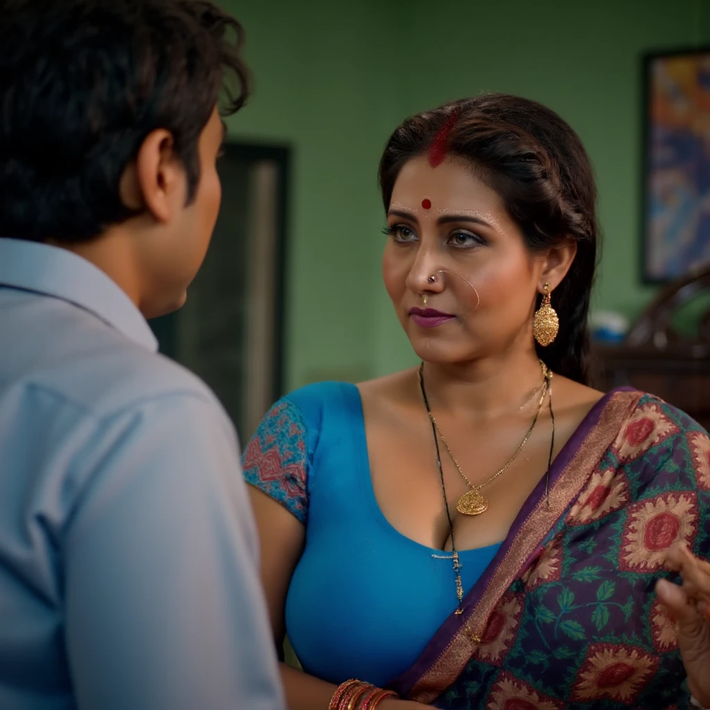 The image is a high-resolution photograph featuring an intimate, indoor scene with two people. The subject is a middle-aged woman, likely of Indian descent, with a medium skin tone, and a well-defined facial structure. She is dressed in traditional Indian attire, wearing a bright blue blouse with a plunging neckline that reveals a significant amount of cleavage, showcasing a medium-to-large bust. Her attire, a patterned saree with vibrant colors such as red, green, and black, is draped elegantly over her shoulders and partially covering her left breast.

Her hair is neatly pulled back into a low ponytail. She accessorizes with simple gold jewelry, including a gold necklace and matching earrings. Her expression is serious and somewhat focused, looking towards a young man to her left.

The man, likely of East Asian descent, has short black hair and a medium build. He is dressed in a casual dark maroon shirt. The background reveals a domestic interior with green walls, a piece of furniture with a colorful abstract painting hanging on it, and a hint of other household objects, suggesting a warm and lived-in space. The lighting is soft, enhancing the emotional intensity of the moment captured.