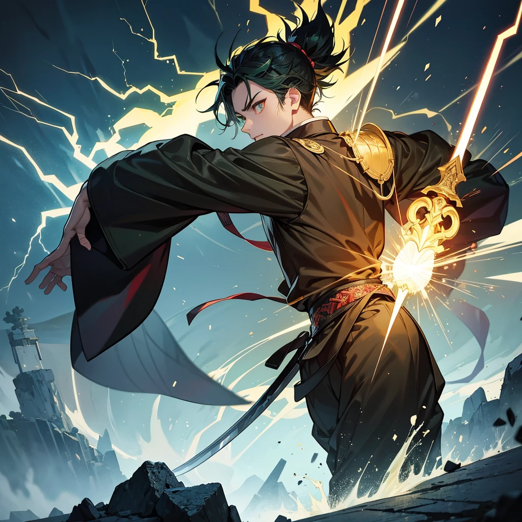 Create an epic and dynamic image featuring a swordsman inspired by the style of Kimetsu No Yaiba (Demon Slayer). The swordsman is seen from the back, leaping forward with his sword drawn, which is enveloped in bright yellow lightning bolts. The green lightning illuminates the scene, casting dramatic lighting effects on the surroundings. He is looking the view from the mountain. The ground beneath him shows cracks and debris rising due to his immense power. Make sure the image is anatomically correct