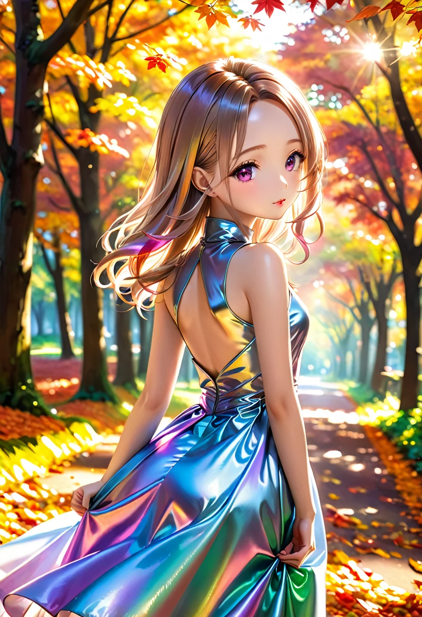 ((Autumn Forest Sunlight :1.5))、((Chibi:1.5)), ((((from Oblique back shot :1.5、From below:1.5)), back view:1.5, looking away)),  one girl playing pranks, ((Top Models:1.5))、Best Quality, masterpiece,  super high definition, (Realistic:1.4),  RAW Photos,  complicated details,  Big Beautiful Dark Emerald Eyes :1.5, ((forehead:1.5)), Perfect Contour, masterpiece, Silky Long Hair,  ((forehead:1.4)), full lips:1.5, pink lips:1.5, gloss lips:1.5, parted lips1.5, slim、Short stature:1.5、(flat chest:1.2,  tight chest:1.2, High chest:1.5),  (( Super Soft Loose High Neck Sleeveless Metallic Satin Long Dress:1.5、super shiny rainbow silver dress with strong luster:1.5、back zipper)), (( Model Pose :1.5))、The background is a forest of autumn leaves, Bokeh