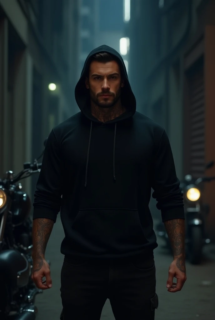 Create a picture of a well-built man with grey short hair and ponytail. He wears sunglasses and his body is fully tattooed. He wears a black hoodie with short sleeves and hood, He also wears a short black Bermuda short. The background is a dark city full of zombies