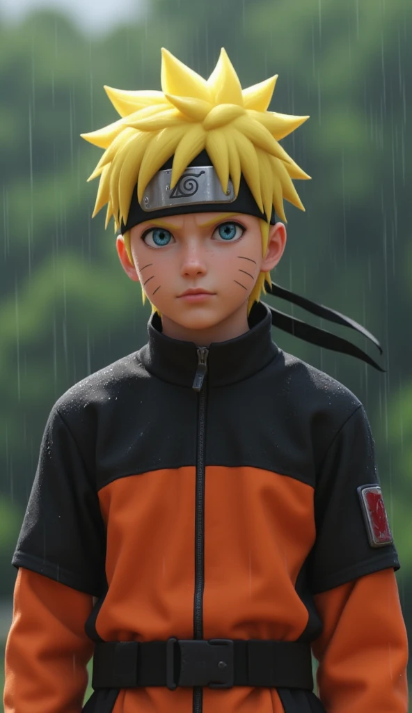 Naruto Uzumaki, age 16, portrait from chest to hips, wearing orange and black jacket with zipper, ninja tool pouch, young ninja with spiky blonde hair and whisker marks, caught in the rain, intense blue eyes, water droplets on face, dramatic bokeh background, hyperrealistic 3D render