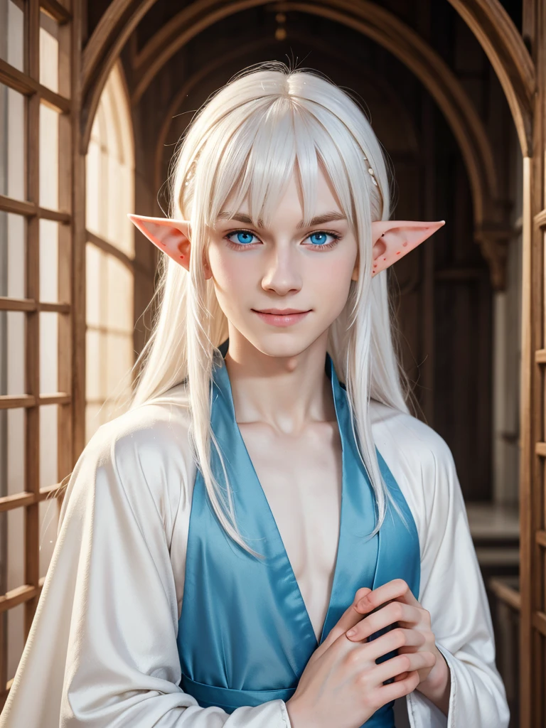 (best quality), 1boy, male, pale skin, white hair, medium hair, swept bangs, straight hair, blue eyes, perfect eyes, smile, blush, (elf), pointed ears, fantasy robe, skinny body, masterpiece, anatomically correct, highres
