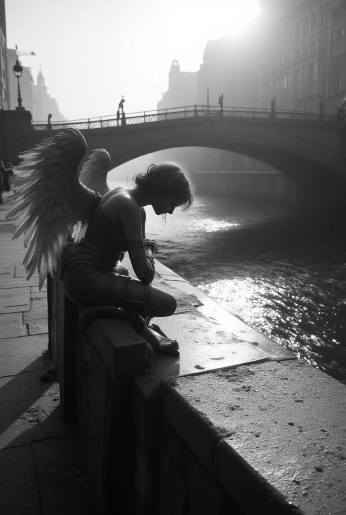 the black and white photograph depicts a serene scene of a female angel sitting on the railing of a bridge, gazing contemplatively towards the water's reflection below. the angel's wings are folded against its back, and its face is tilted downwards, as if lost in thought. the bridge's railing provides a sense of stability and structure, contrasting with the ethereal quality of the angel.

the sun casts a warm glow over the scene, illuminating the angel's features and creating a sense of depth and dimensionality. the light also dances across the water, creating a mesmerizing pattern of ripples and reflections. the overall effect is one of peacefulness and tranquility, as if the angel has found a moment of solace in the midst of a bustling world.

in the background, the bridge stretches out, a gentle curve of stone and steel that spans the water. a few people can be seen walking across the bridge, their figures small and indistinct in the distance. the sense of movement and activity is muted, however, and the focus remains firmly on the angel, lost in its reverie.

the photograph is rendered in stark black and white, which adds to the sense of simplicity and elegance. the lack of color allows the viewer to focus on the textures and tones of the image, from the rough stone of the bridge to the smooth feathers of the angel's wings. the overall effect is one of understated beauty, a quiet moment of reflection that invites the viewer to pause and contemplate.