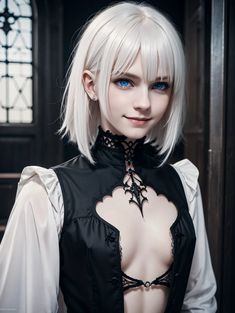 (best quality), 1boy, male, pale skin, white hair, short hair, swept bangs, straight hair, blue eyes, perfect eyes, smile, blush, (gothic clothes), dark fantasy, skinny body, masterpiece, anatomically correct, highres
