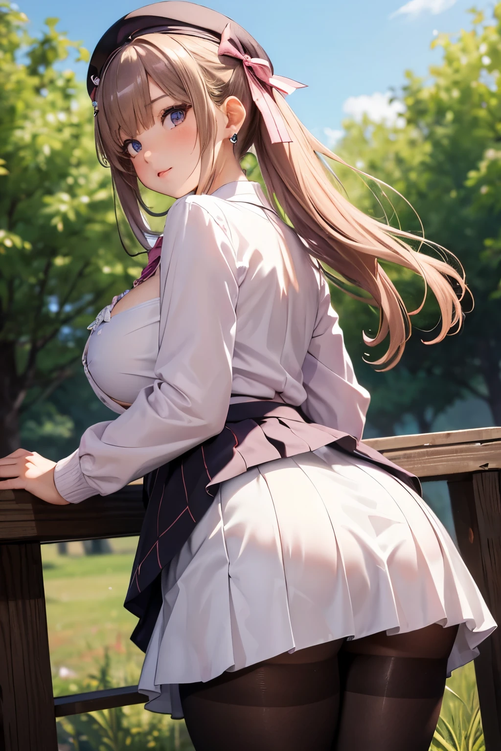 ((plump breasts)), ((1 girl)), (jambes grasses), ((shiny pantyhose)), earrings, ((outdoor country)), (finely detailed eyes and detailed face:1.3), (extremely fine and beautiful:1.1), (Perfect details:1.1), Lulu Suzuhara, Hololive, ((no cleavage)), beret, pink bow, large breasts, pink cardigan, white shirt, ponytail, hair ribbon, x hair ornament, jewelry, bowtie, brooch, white shirt, long sleeves, vertical-striped skirt, ((glossy pantyhose)), ((side from behind)), ((view from below))