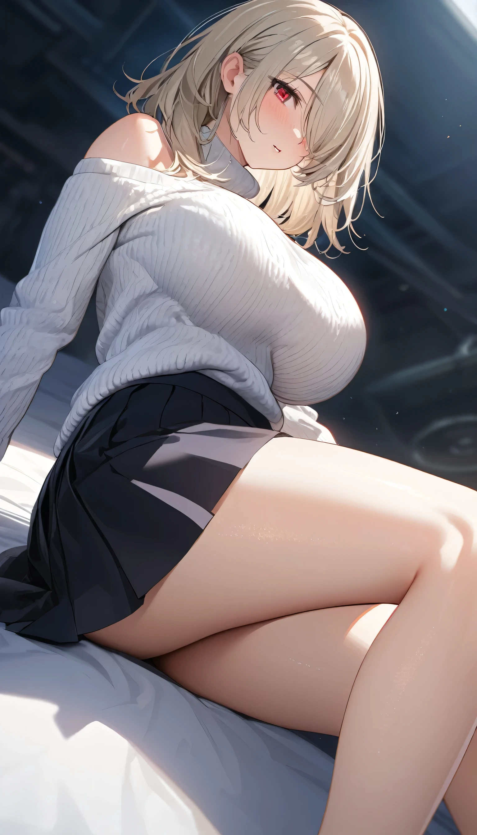 quality\(8k,wallpaper of extremely detailed CG unit ,(masterpiece, Highest quality:1.2), (masterpiece, Highest quality:1.2), (1girl), alone, ((medium hair)), ((platinum blonde hair)), (straight hair), ((hair over face)), (hair over one eye), (hair over right eye), (white knittet sweater), (hair covering ears), (black pleated skirt), (red eyes), (((big breast))), high detail, bloom, textured skin, natural light, (), bare legs