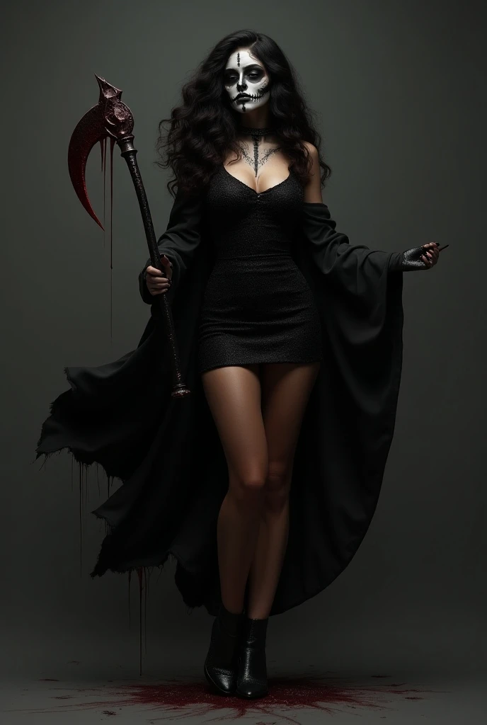 Black woman with wavy hair , WEARING BLACK COVER,  short black round dress with glitter,  high heels and with a skull-painted face, Holding a blood-filled death sickle,  Full body image 