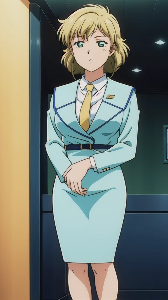 Blonde、 bob cut、Green Eyes、悲しface、 Full Body Style 、 normal breasts、 narrow waist 、Bare legs、 blue jacket ,襟付きshirt, shirt, yellow tie ,belt,,  Blue Mini Pencil Skirt, black tights，White pumps，My legs are slightly flabby， official art, Extremely High Definition CG Unity 8k Wallpaper,  full light, colorful , bright _ Front_face_Lighting,  shiny skin, ( masterpiece:1.0),(Highest_quality:1.0), 超 high resolution on down,4K,Ultra-detailed, photo shoot, 8k,  high resolution on down,  high resolution on down,  absurd:1.2,  Kodak Portra 400,  film grain,  blurry background, Bokeh:1.2,  lens flare , (Vibrant_ color:1.2), Professional photography,Anime Images、